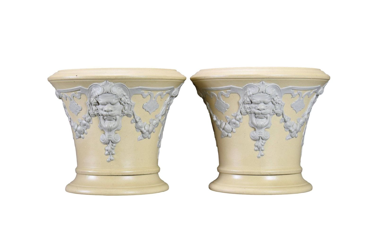 Rare Pair Of Victorian Cache Pots By Sarreguemines Ceramic Wedgwood Jasper Ware