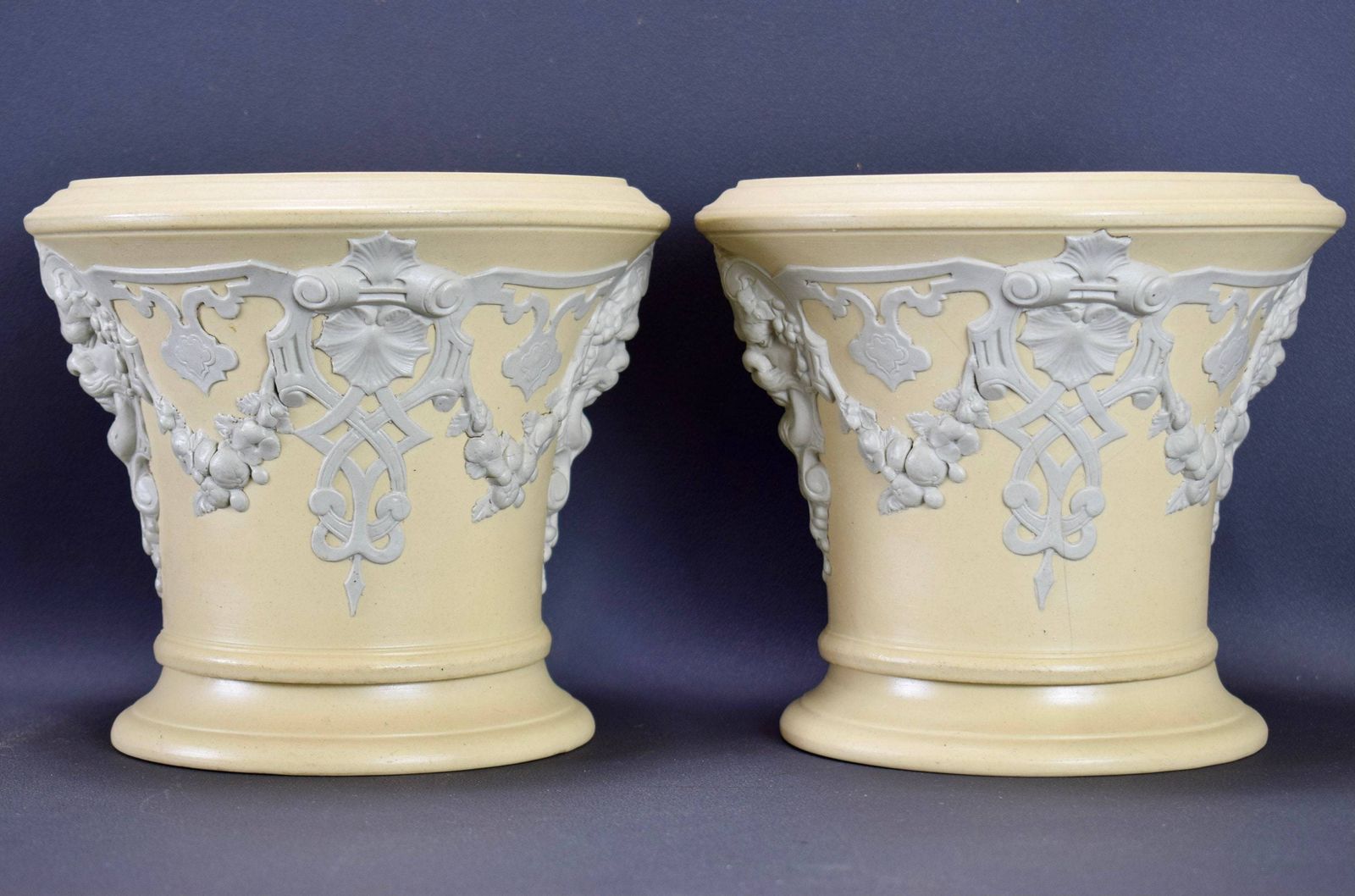 Rare Pair Of Victorian Cache Pots By Sarreguemines Ceramic Wedgwood Jasper Ware photo furniture