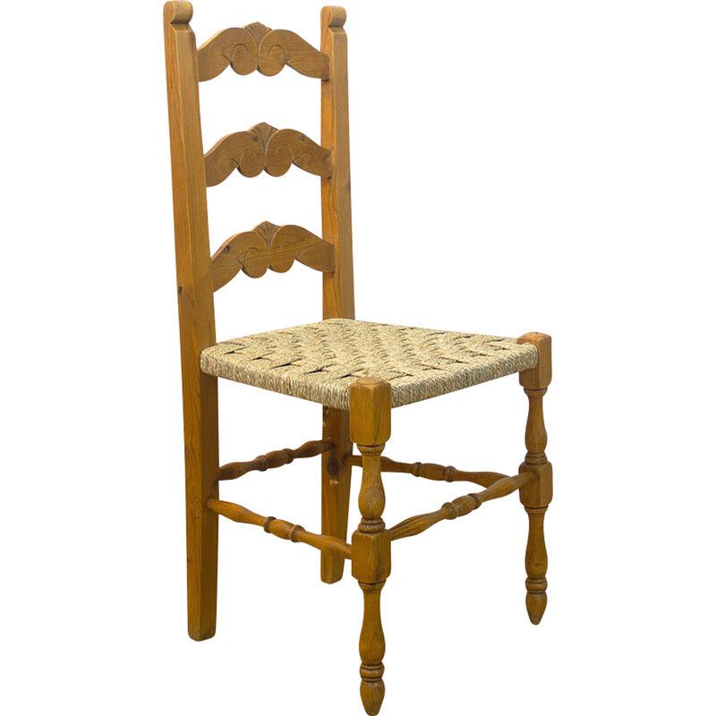 Vintage Rustic Chair In Wood And Cord, Spain 1950s