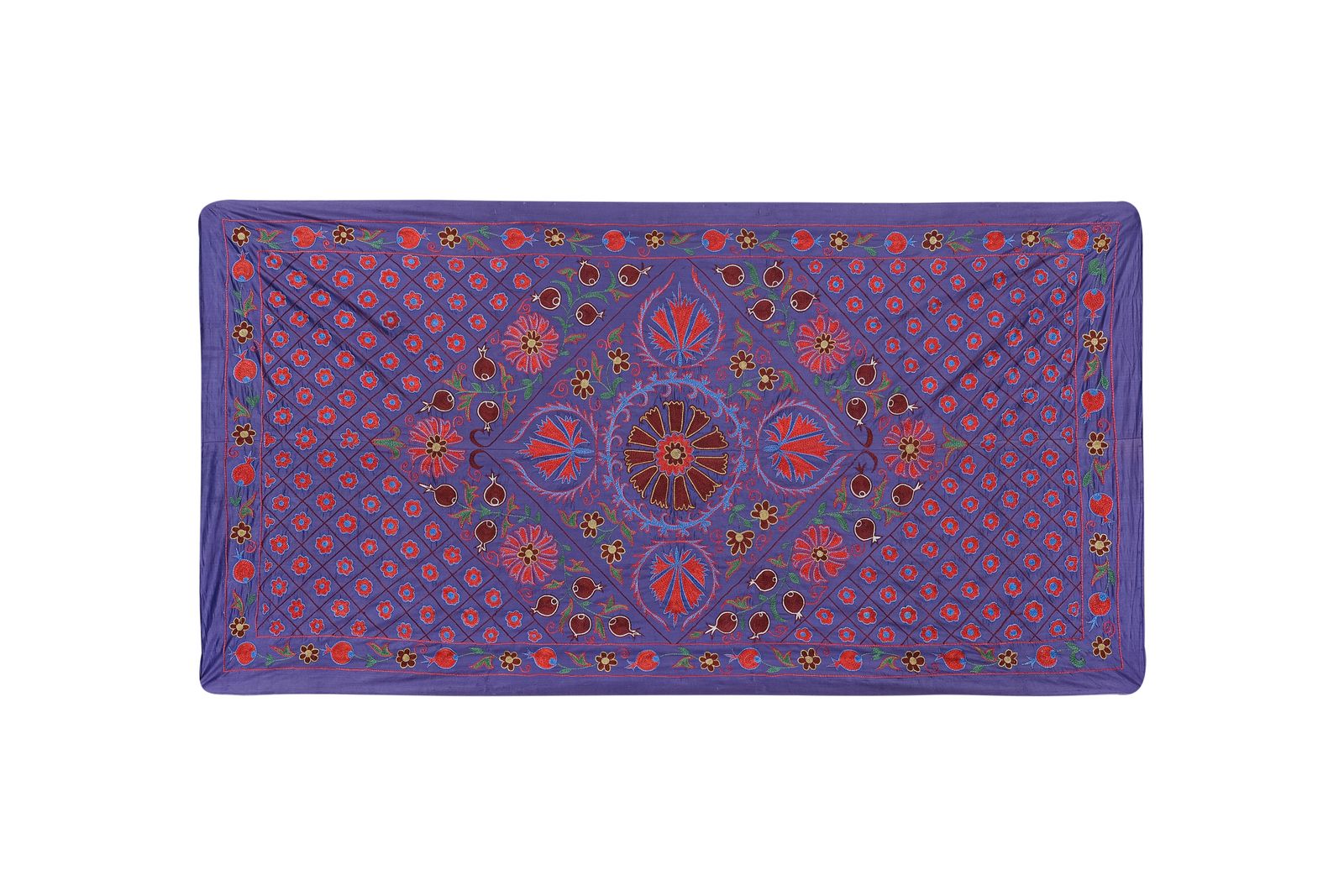 Silk Purple Suzani  Runner, Colourful Suzani Wall Hanging And Tablecloth, Hand Embroidered Ethnic Bed Cover 3'5'' X 6'4' photo furniture