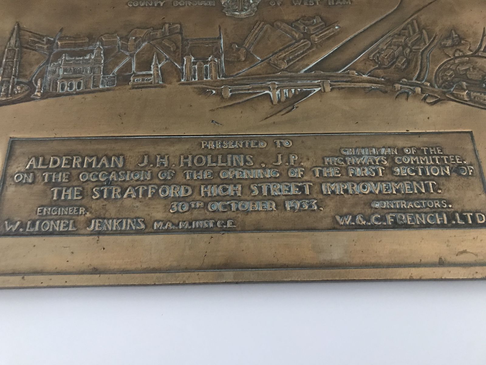 County Borough Of West Ham (London ) Brass Plaque Presented In 1933. photo for sale