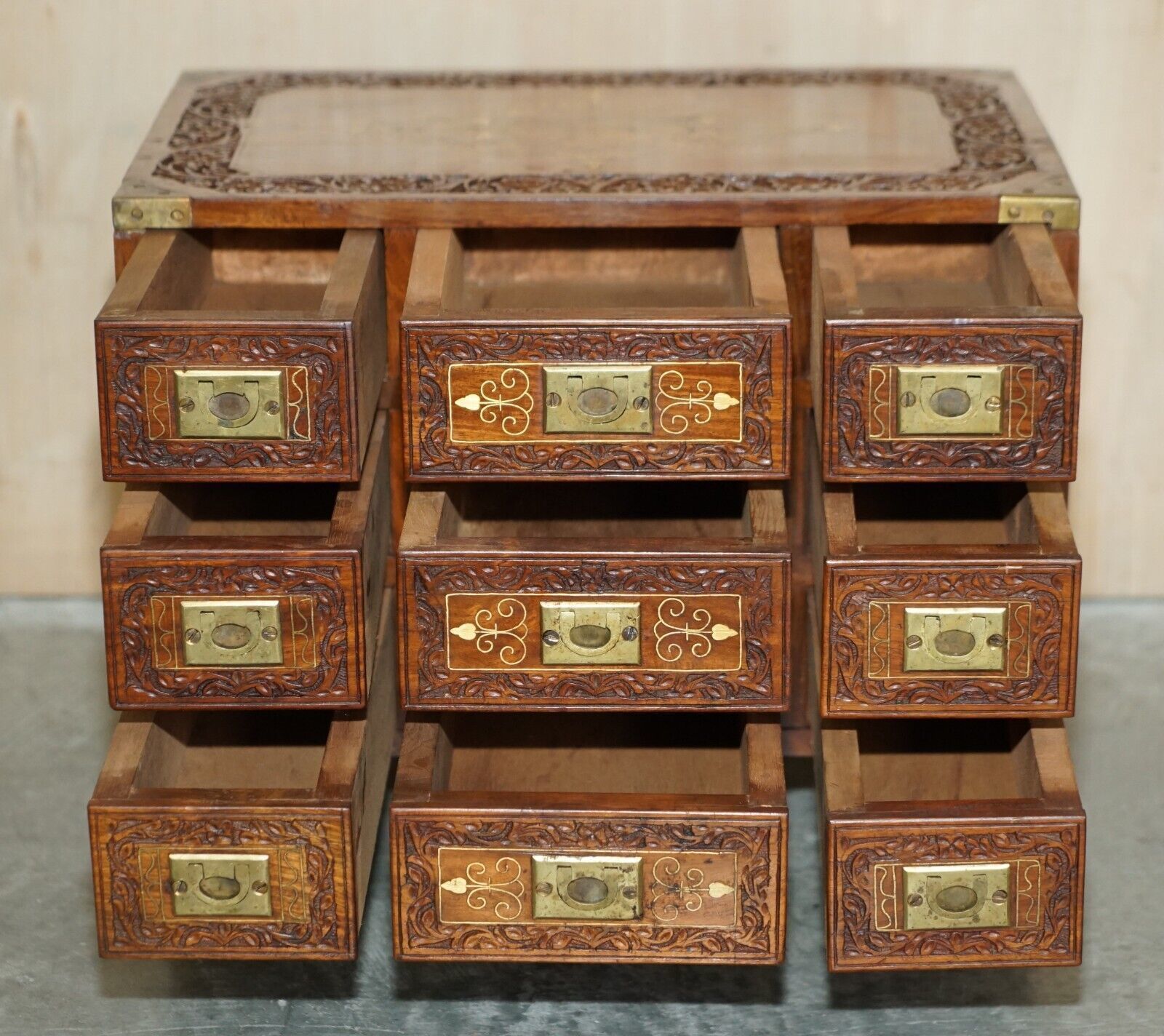 Furniture Small Antique Anglo Indian Military Campaign Brass Side Table Tea Chest Drawers photo