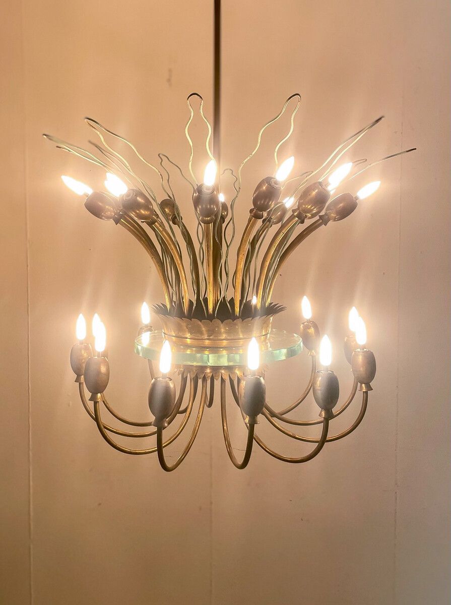 Mid Century Modern Italian Chandelier In Brass & Glass photo furniture
