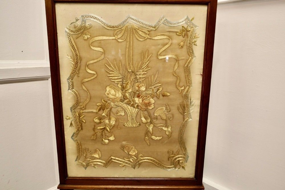 Victorian Hand Embroidered Silk And Mahogany Fire Screen photo for sale