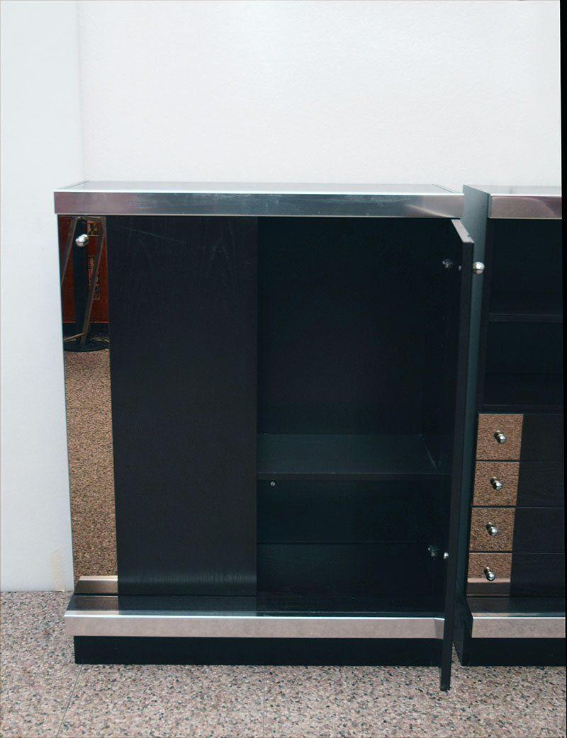 photo furniture Modular Sideboard In Wengé Wood, Steel And Mirror From Sormani, 1970s, Set Of 3
