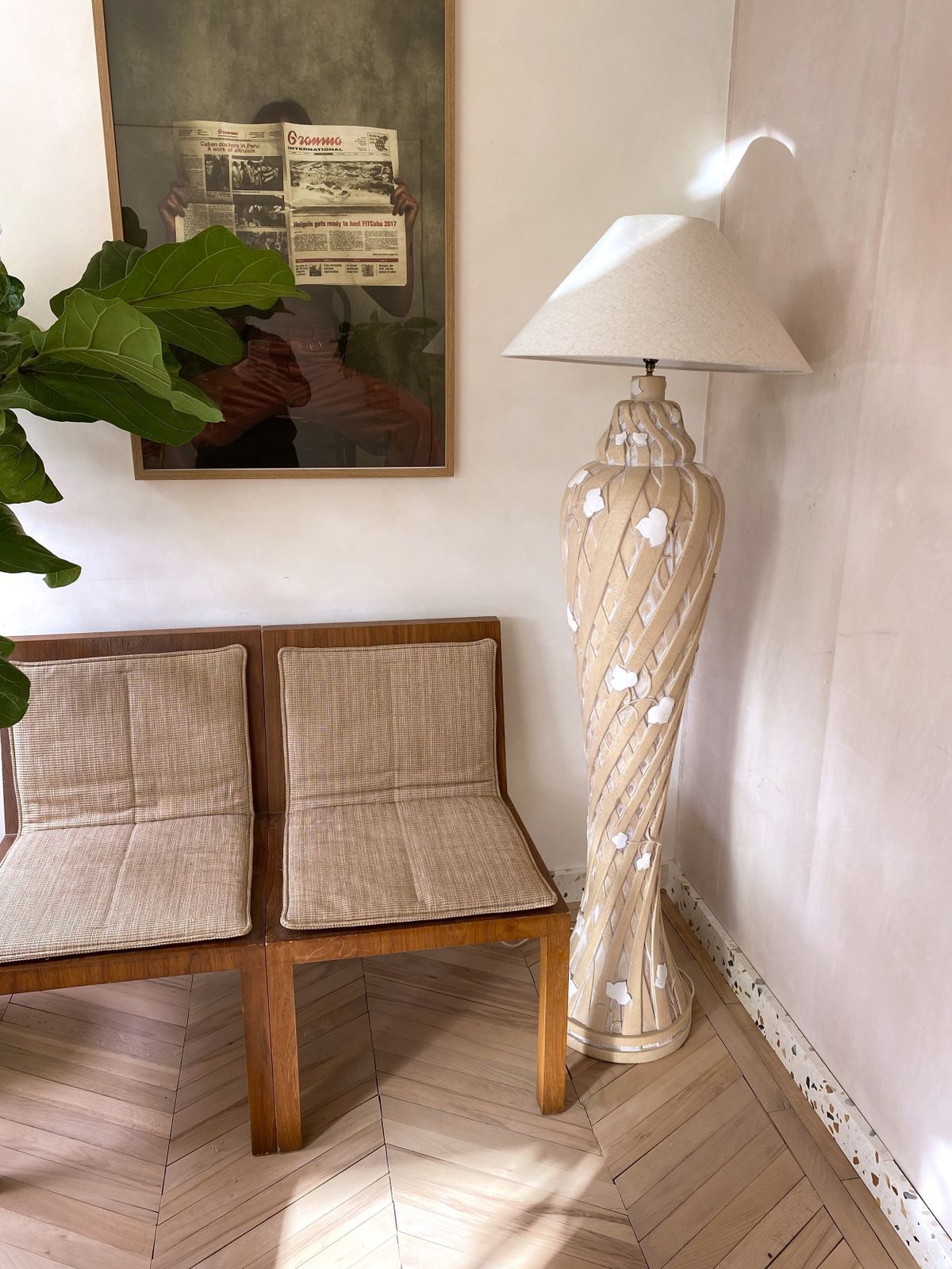 1980's American Plaster Floor Lamp With Neutral Colour Trellis Design photo for sale