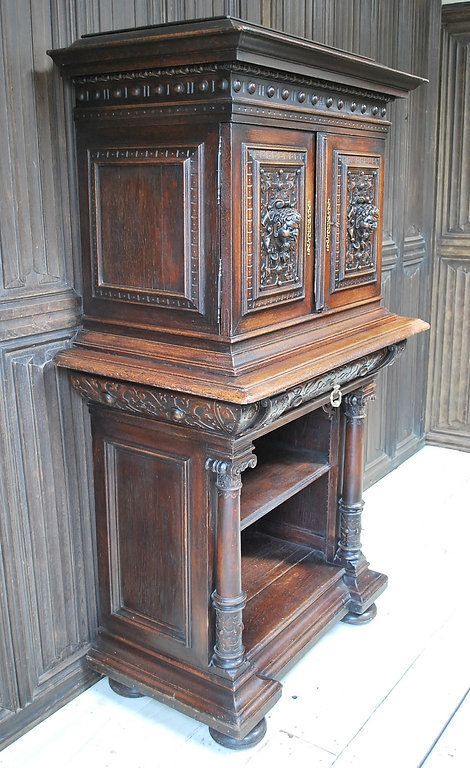 Antique Italian Oak Renaissance Revival Collectors Cabinet On Stand photo vintage