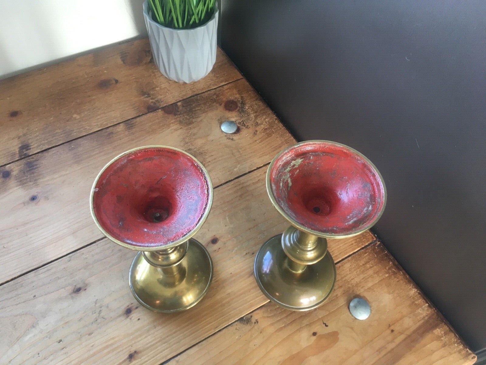 Home Decor Pair Of English Antique Gothic Brass Altar Candlesticks Candle Holders Pugin photo