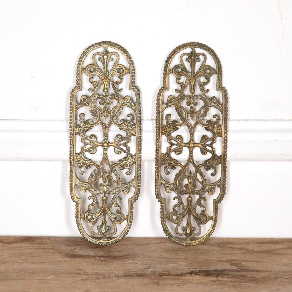 A Pair Of Quality Antique 19th Century Pierced Brass Door Rococo Style Finger Plates