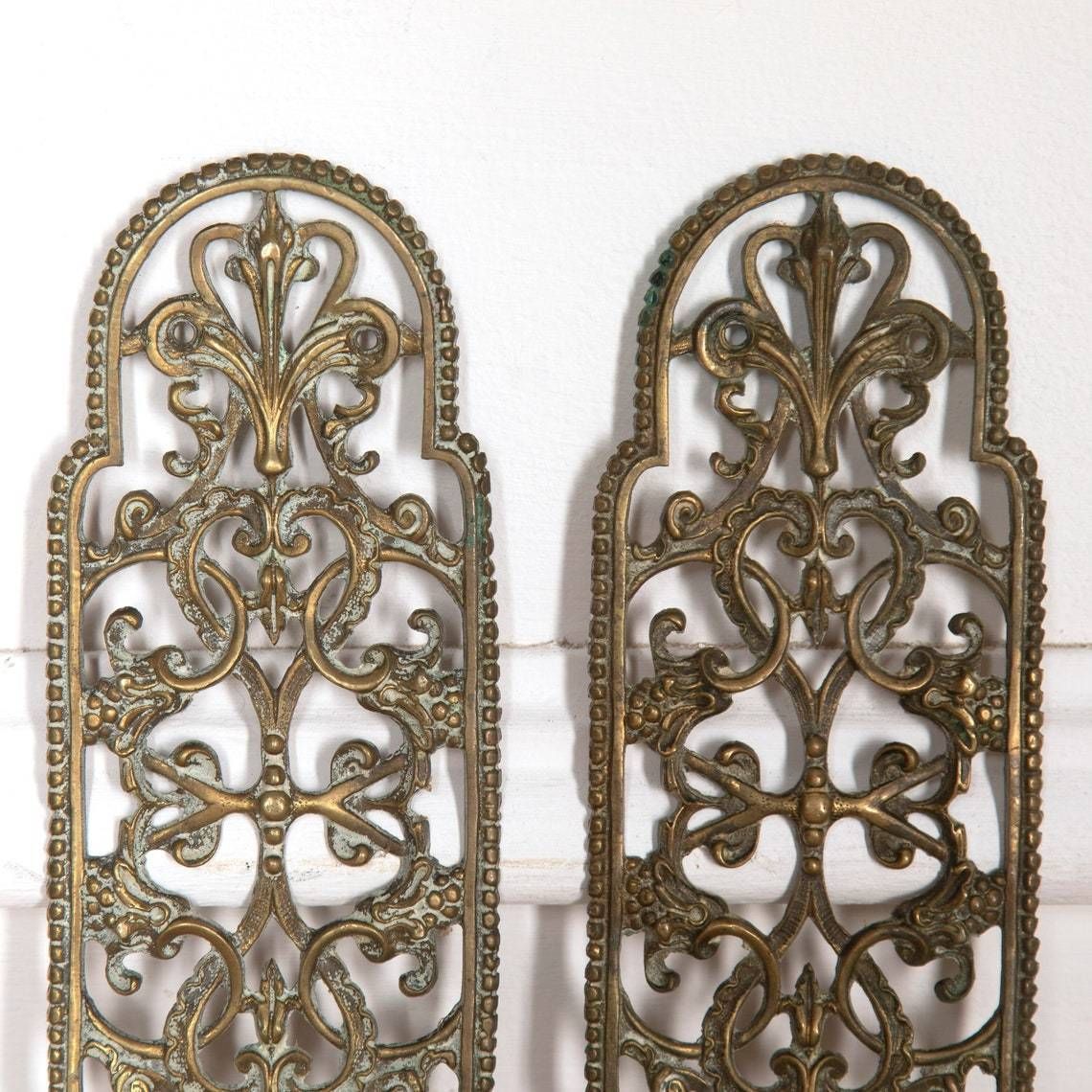 A Pair Of Quality Antique 19th Century Pierced Brass Door Rococo Style Finger Plates photo furniture