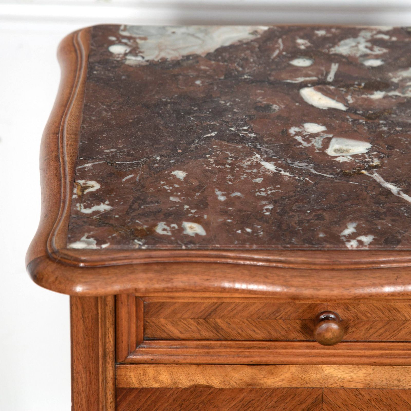 Near Pair Of Late 19th Century French Walnut Marble Topped Bedside Cabinets photo for sale