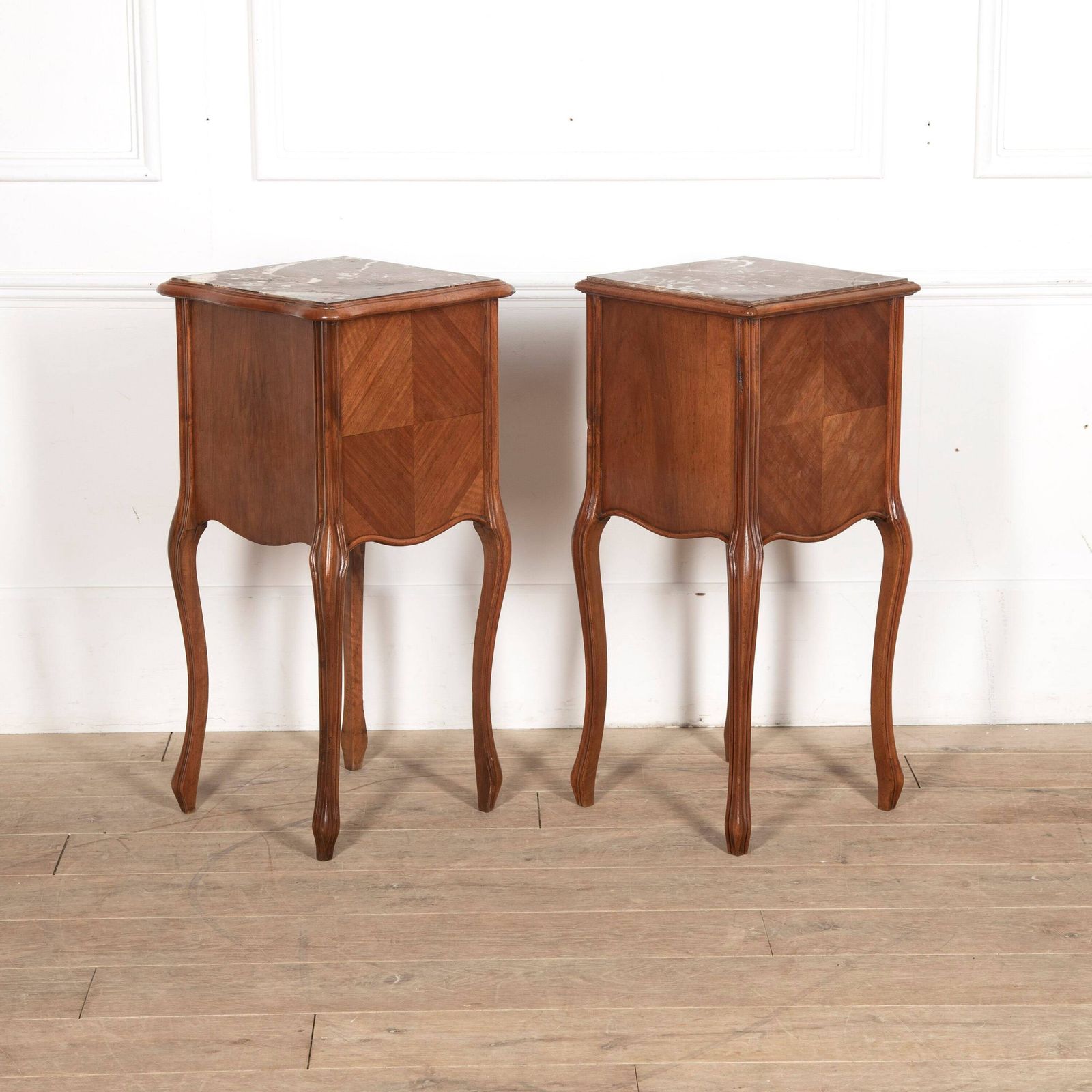photo for sale Near Pair Of Late 19th Century French Walnut Marble Topped Bedside Cabinets