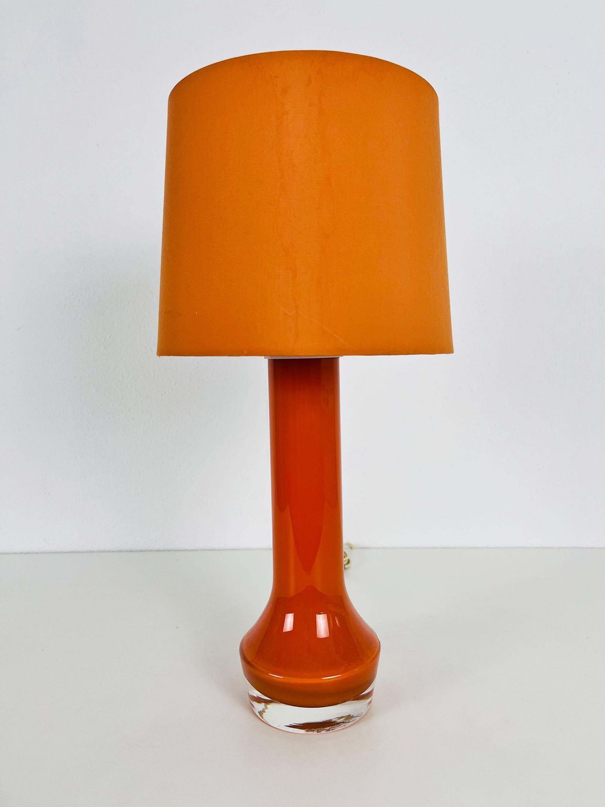 Mid Century Orange Glass And Fabric Shade Table Lamp, 1960s photo for sale