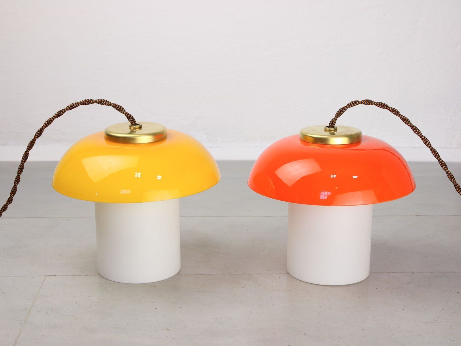 Mid Century Glass & Brass Mushroom Table Lamps, Set Of 2, Set Of 2