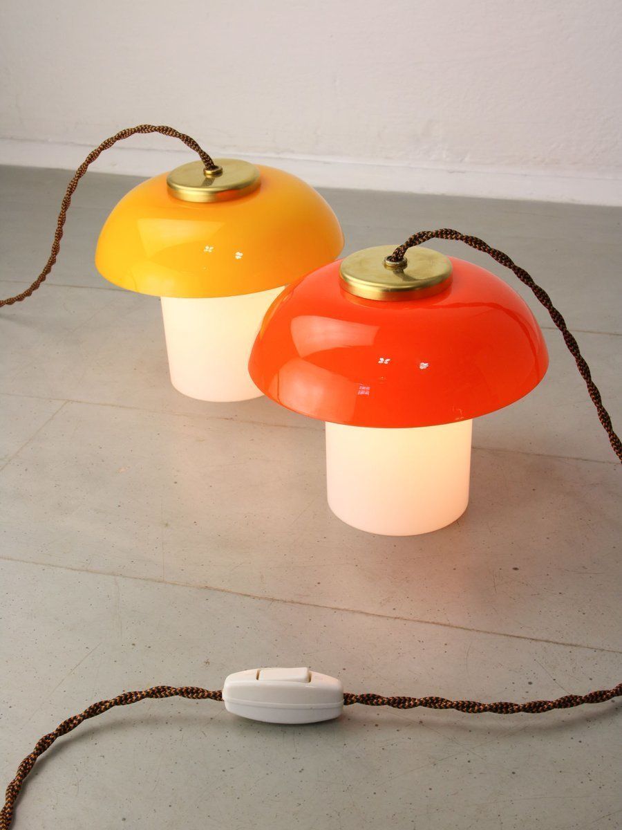 Mid Century Glass & Brass Mushroom Table Lamps, Set Of 2, Set Of 2 photo 1453.0