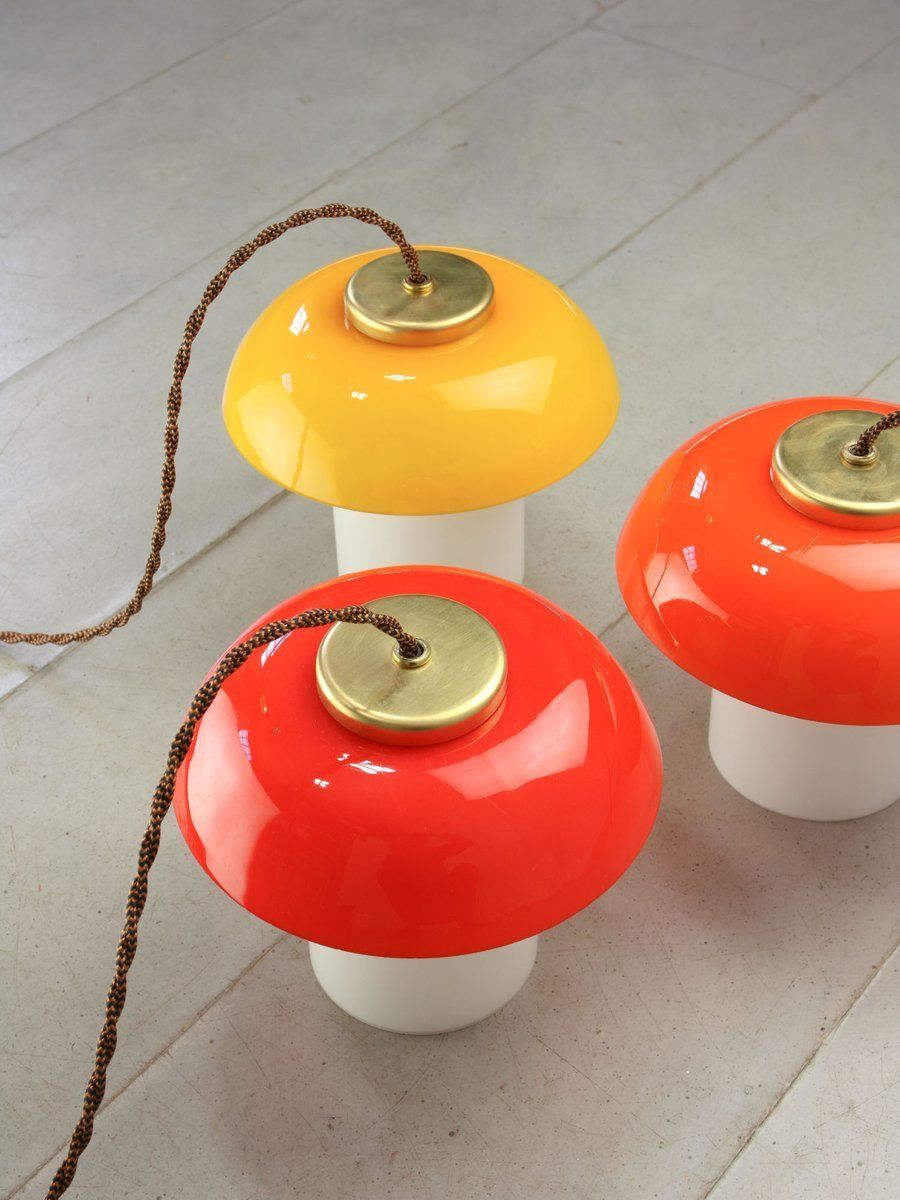 Mid Century Glass & Brass Mushroom Table Lamps, Set Of 2, Set Of 2 photo vintage