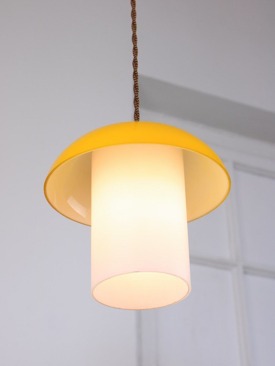 Mid Century Glass And Brass Mushroom Pendant Lamps, Set Of 2 photo 1453.0