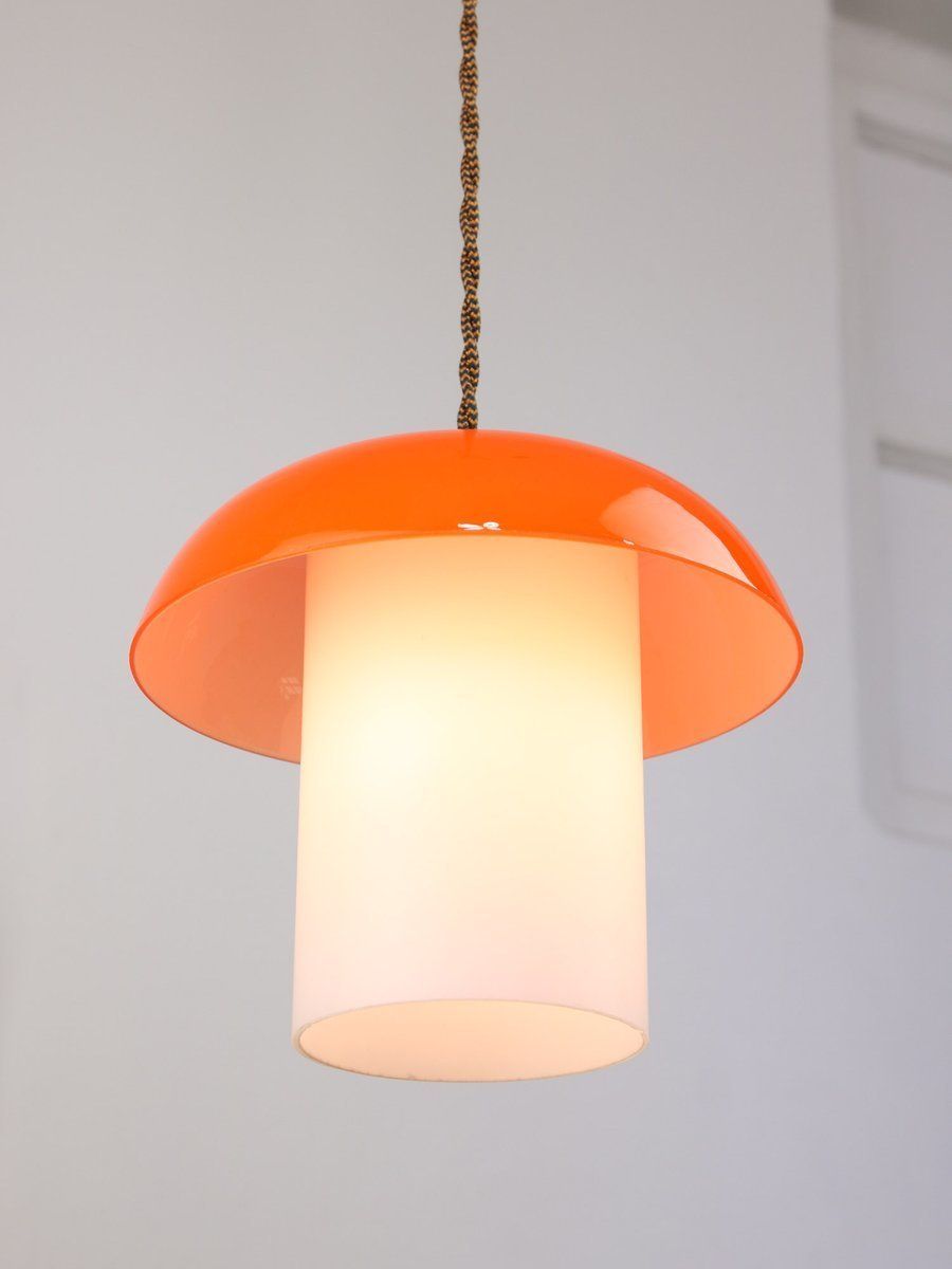 Mid Century Glass And Brass Mushroom Pendant Lamps, Set Of 2 photo vinterior