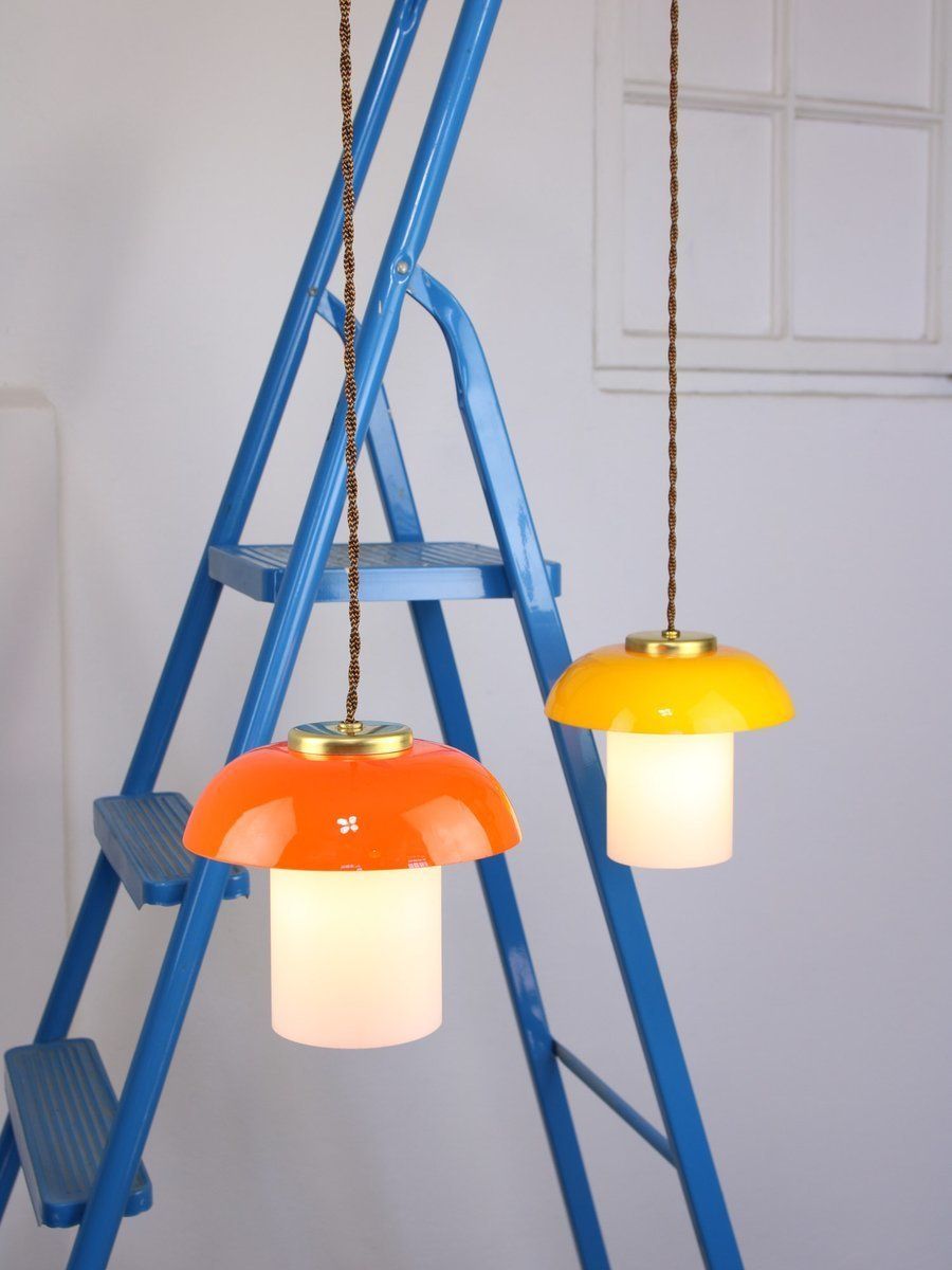 photo for sale Mid Century Glass And Brass Mushroom Pendant Lamps, Set Of 2