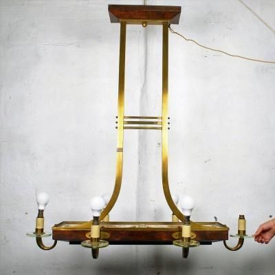 Art Deco Chandelier In Wood And Bronze, Circa 1930