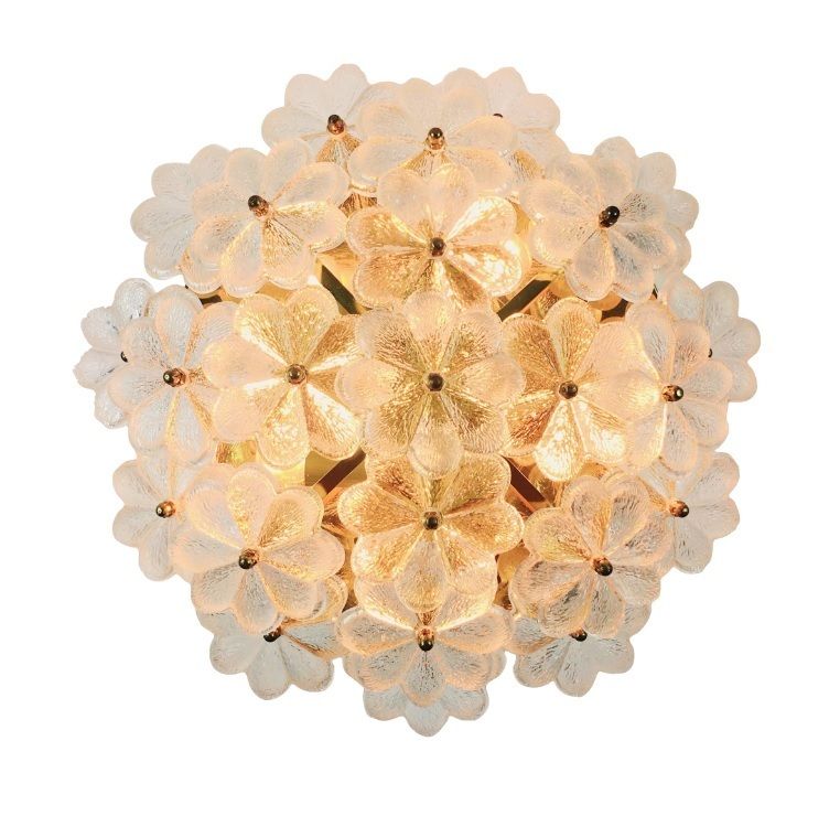 Large Mid Century Floral Ceiling Light In Murano Glass & Brass By Ernst Palme, Germany, 1970s