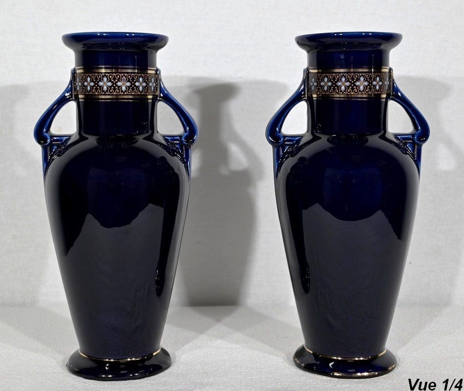 Home Decor Pair Of Enamelled Earthenware Vases   Early 20th Century photo