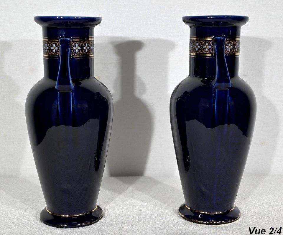 1019.7 Pair Of Enamelled Earthenware Vases   Early 20th Century photo
