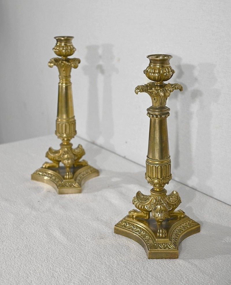 Pair Of Bronze Candlesticks, Restoration Period   Early 19th Century photo for sale