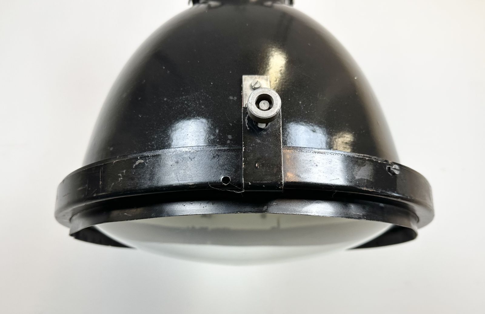 Industrial Black Enamel Factory Spotlight With Convex Glass Cover, 1960s, 5x photo Lighting