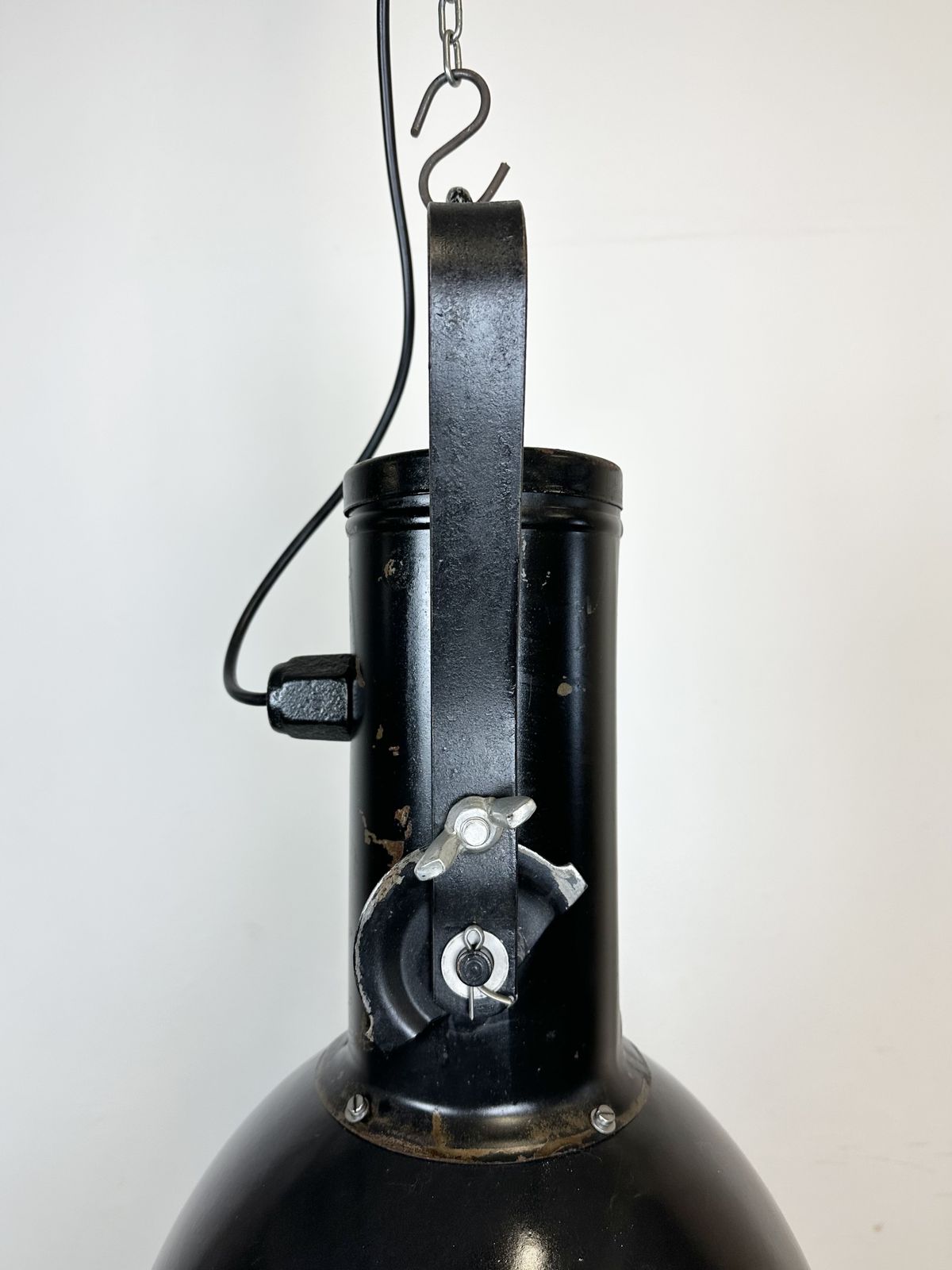 Industrial Black Enamel Factory Spotlight With Convex Glass Cover, 1960s, 5x photo vintage