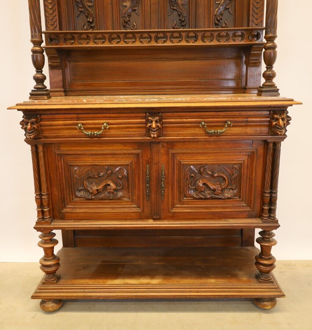 Heavily Detailed Marble Top Concave Dragon Carved Oak Tall Buffet photo 1195.0
