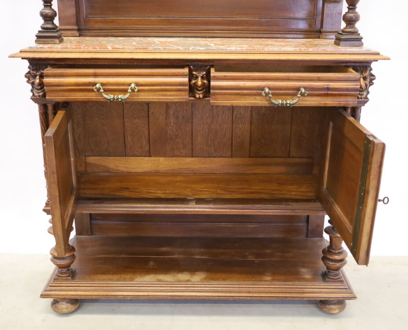 1195.0 Heavily Detailed Marble Top Concave Dragon Carved Oak Tall Buffet photo