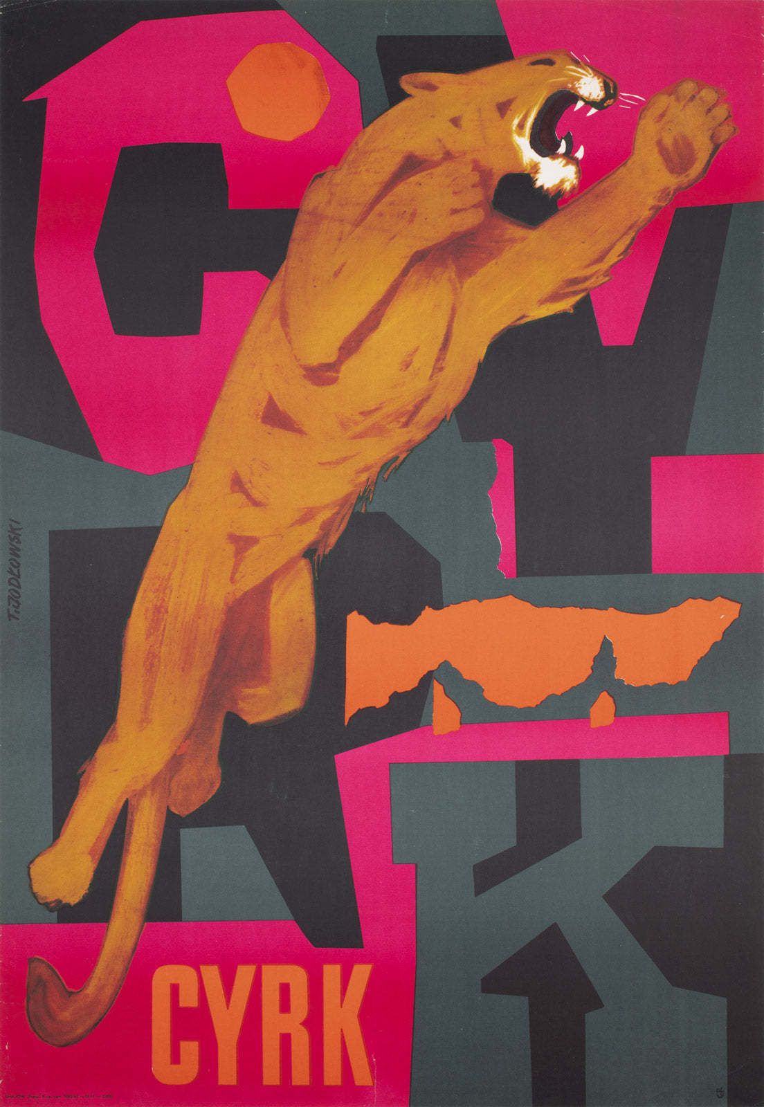 Circus Leaping Lioness 1963 Polish B1 Circus Poster, Tadeusz Jodlowski