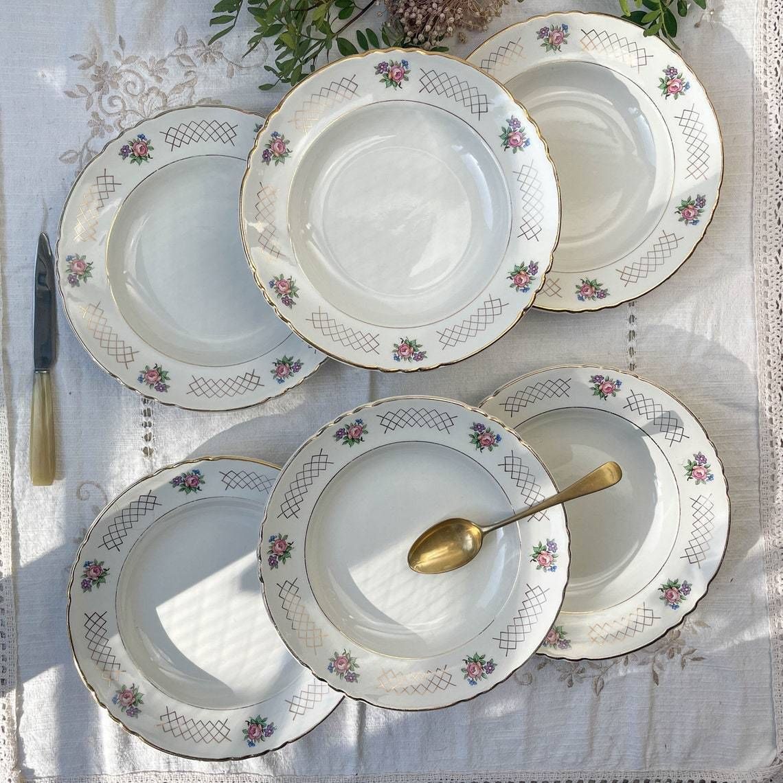 6 Soup Plates In Flowered Earthenware Moulin Des Loups Model "Cordoba" Vintage ~ Golden Pink Flower Plates ~ French Vintage Tableware