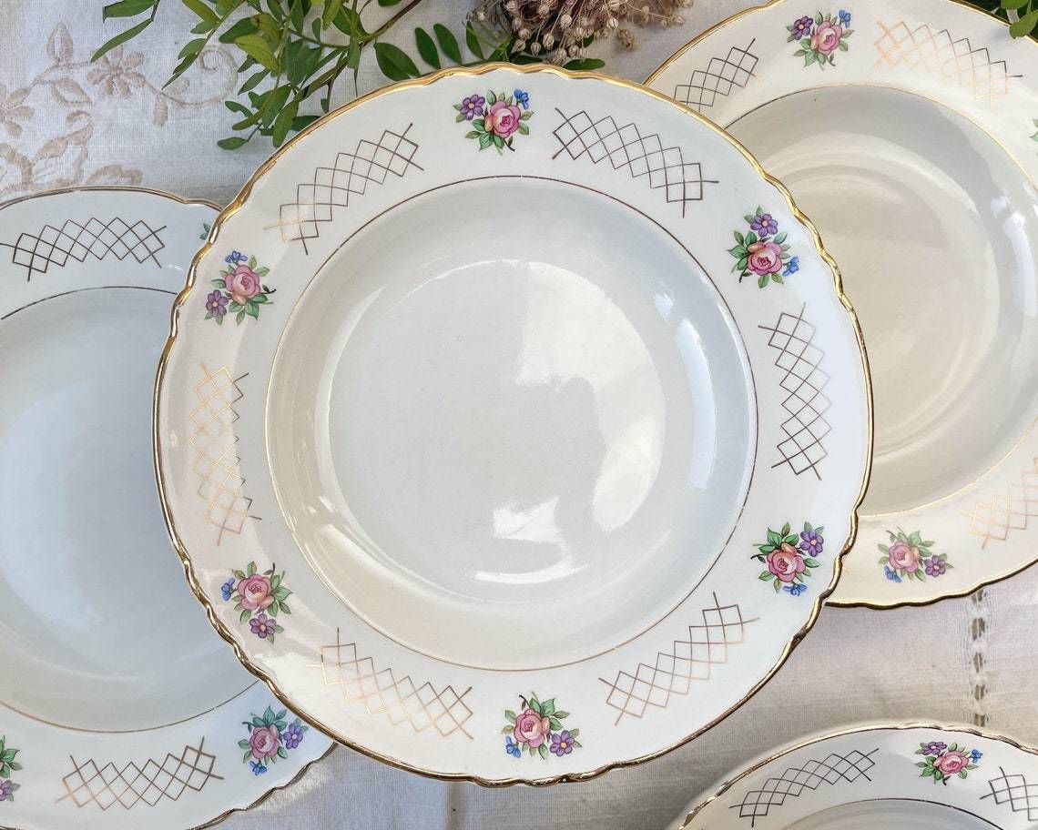 6 Soup Plates In Flowered Earthenware Moulin Des Loups Model "Cordoba" Vintage ~ Golden Pink Flower Plates ~ French Vintage Tableware photo furniture