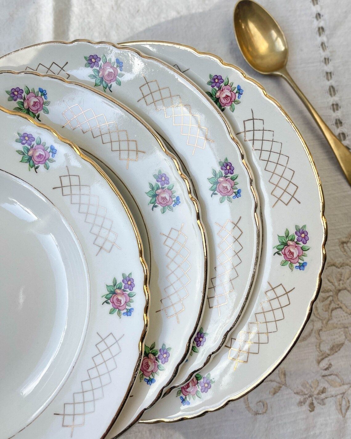6 Soup Plates In Flowered Earthenware Moulin Des Loups Model "Cordoba" Vintage ~ Golden Pink Flower Plates ~ French Vintage Tableware photo for sale
