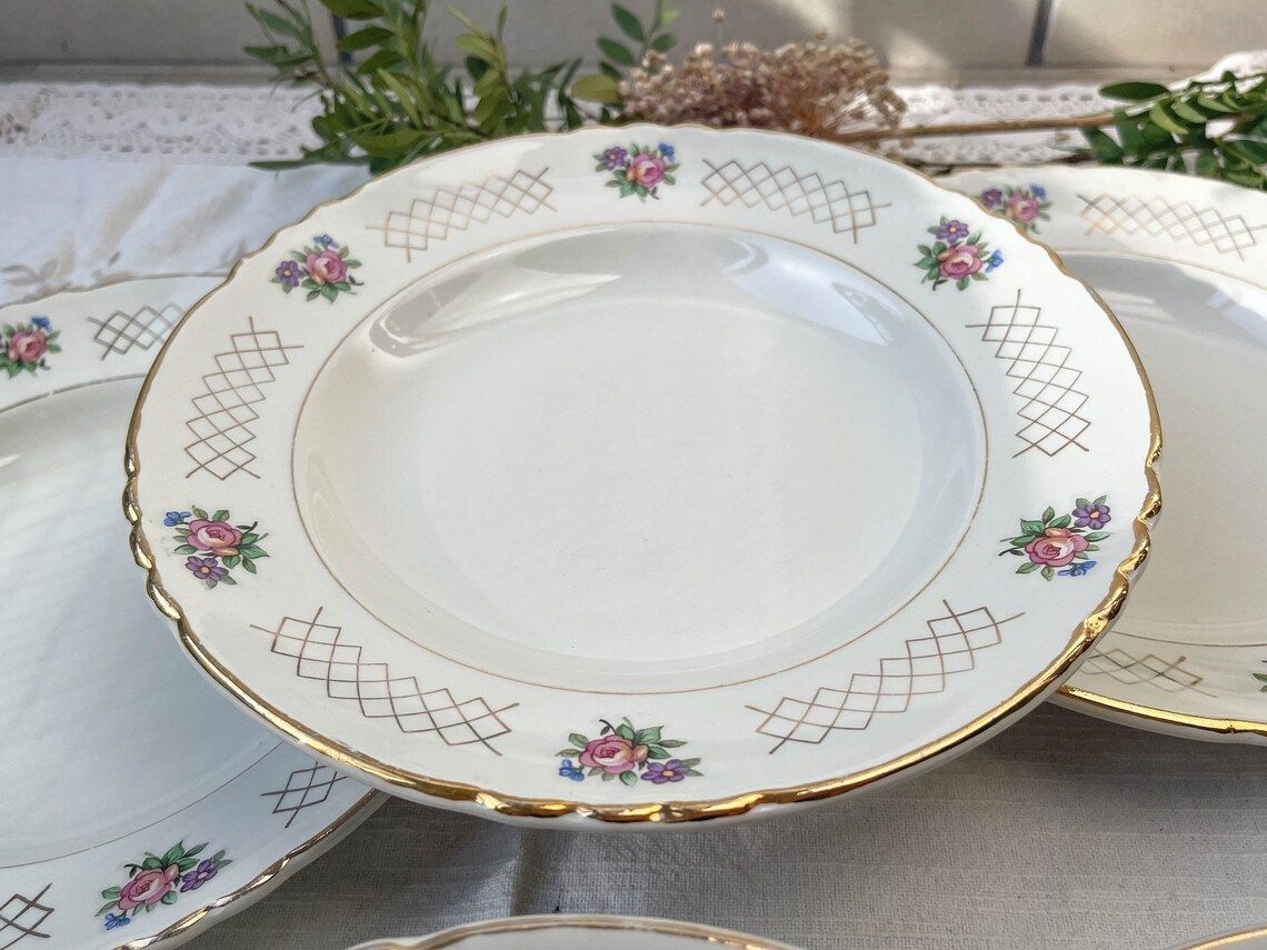 6 Soup Plates In Flowered Earthenware Moulin Des Loups Model "Cordoba" Vintage ~ Golden Pink Flower Plates ~ French Vintage Tableware photo Home Decor
