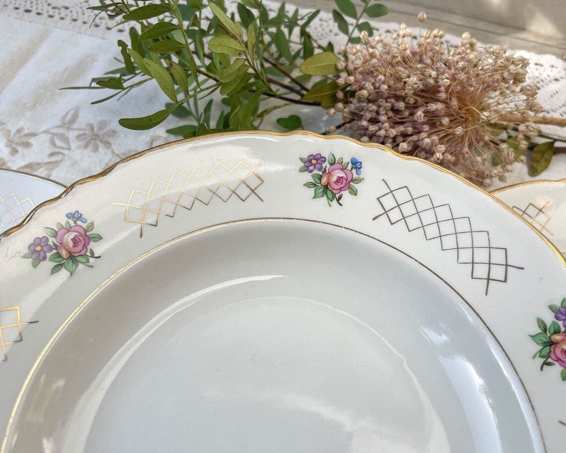 6 Soup Plates In Flowered Earthenware Moulin Des Loups Model "Cordoba" Vintage ~ Golden Pink Flower Plates ~ French Vintage Tableware photo 78.0
