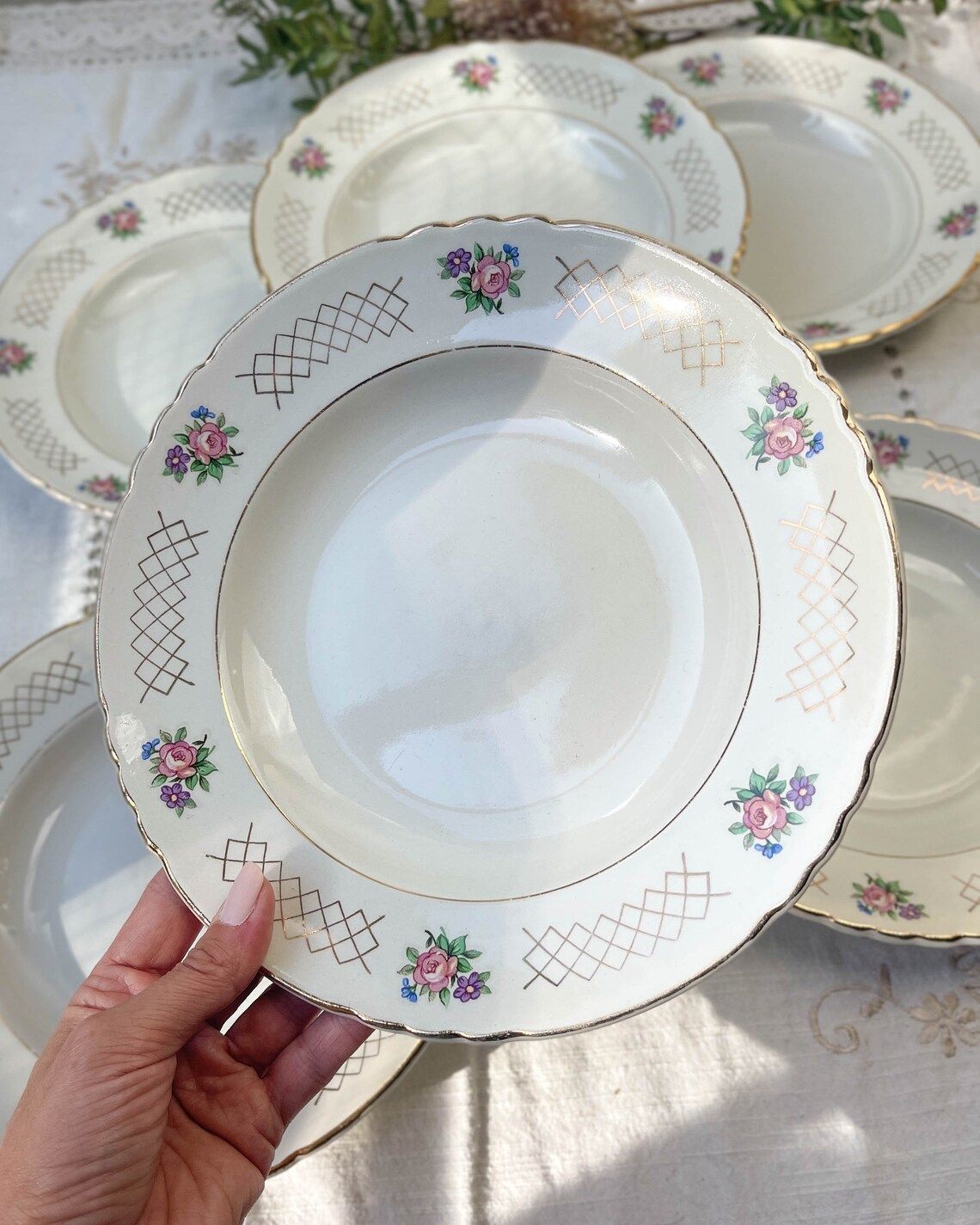6 Soup Plates In Flowered Earthenware Moulin Des Loups Model "Cordoba" Vintage ~ Golden Pink Flower Plates ~ French Vintage Tableware photo vinterior