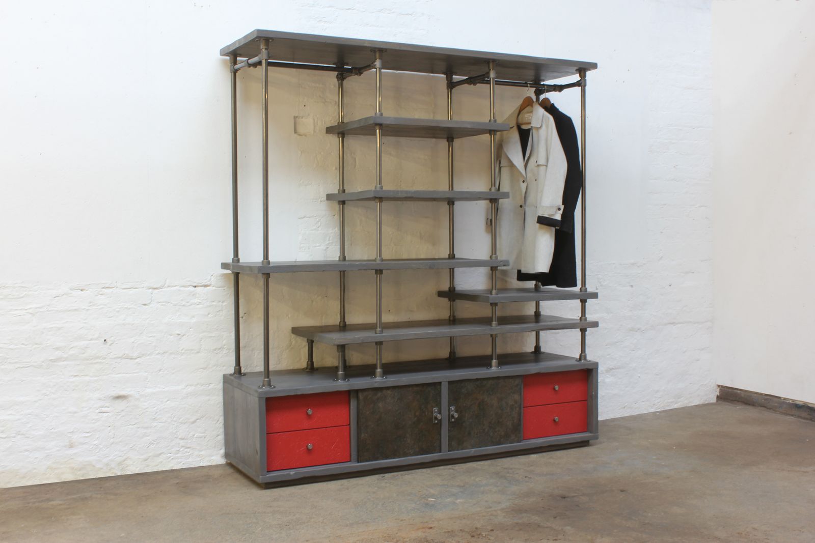 Lanz Reclaimed Wooden And Galvanised Pipe Freestanding Wardrobe With Painted Osb Drawers And Storage 