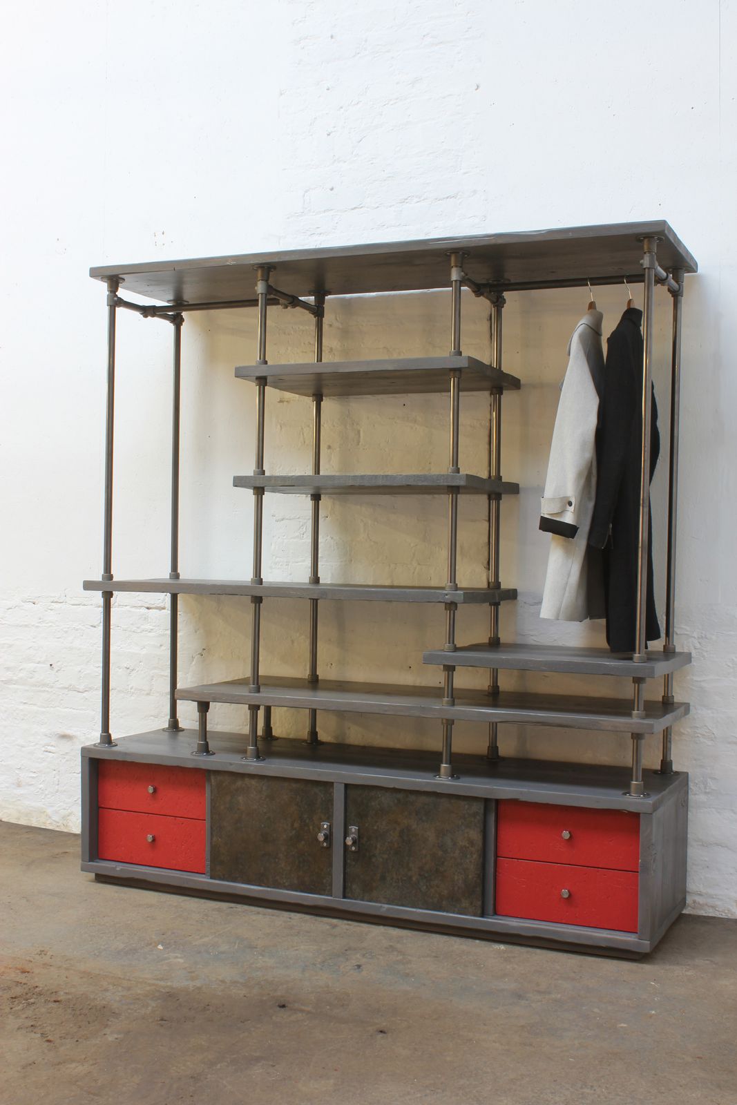 photo furniture Lanz Reclaimed Wooden And Galvanised Pipe Freestanding Wardrobe With Painted Osb Drawers And Storage 