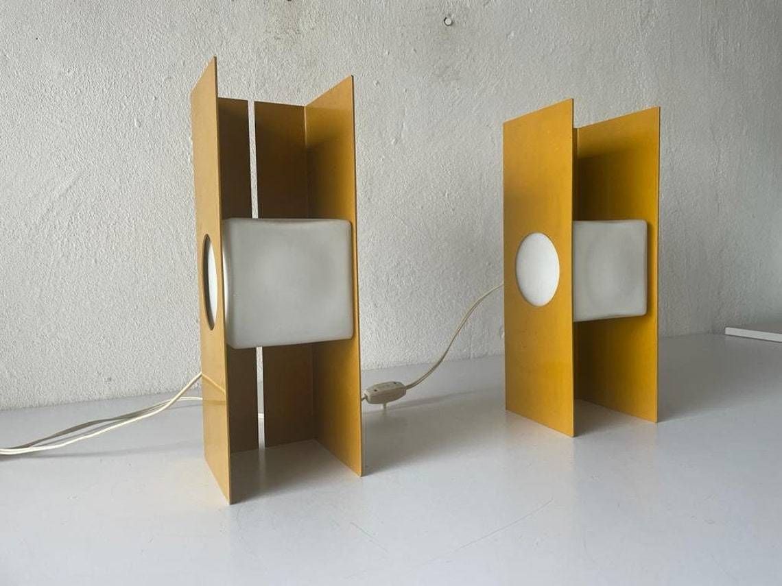 Pair Of Yellow Metal Body And Opal Cube Glass Space Age Pair Of Italian Table Lamps By Luci, 1970s, Italy