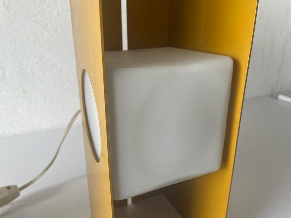 Pair Of Yellow Metal Body And Opal Cube Glass Space Age Pair Of Italian Table Lamps By Luci, 1970s, Italy photo vintage