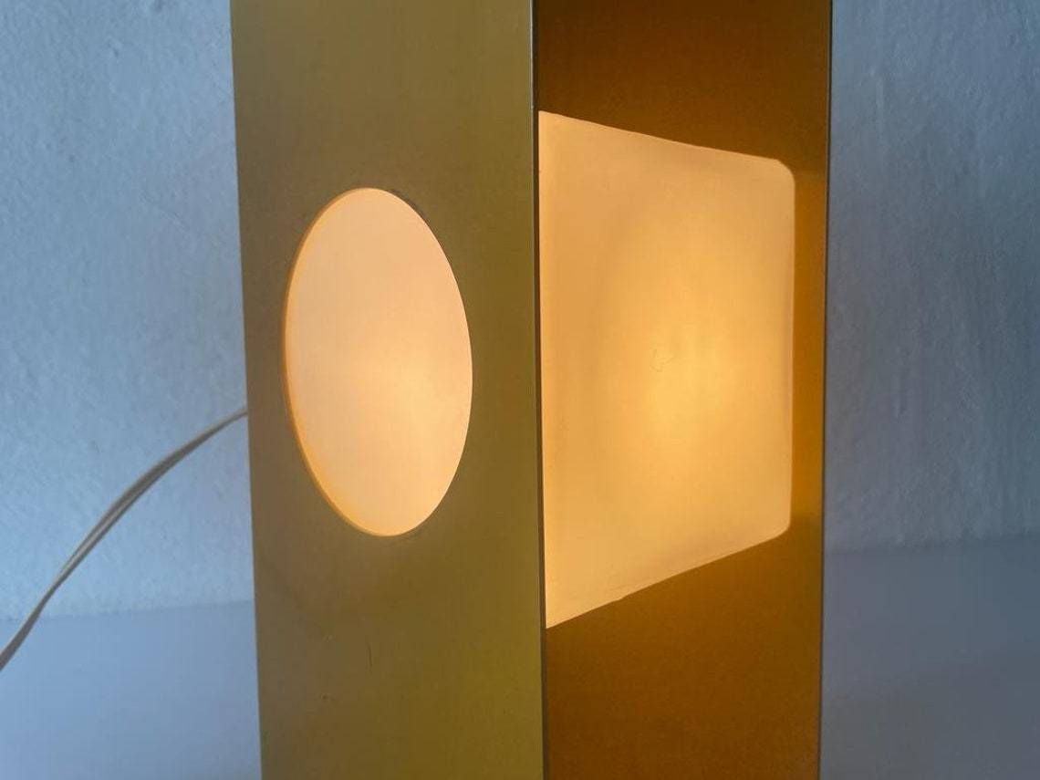 photo furniture Pair Of Yellow Metal Body And Opal Cube Glass Space Age Pair Of Italian Table Lamps By Luci, 1970s, Italy