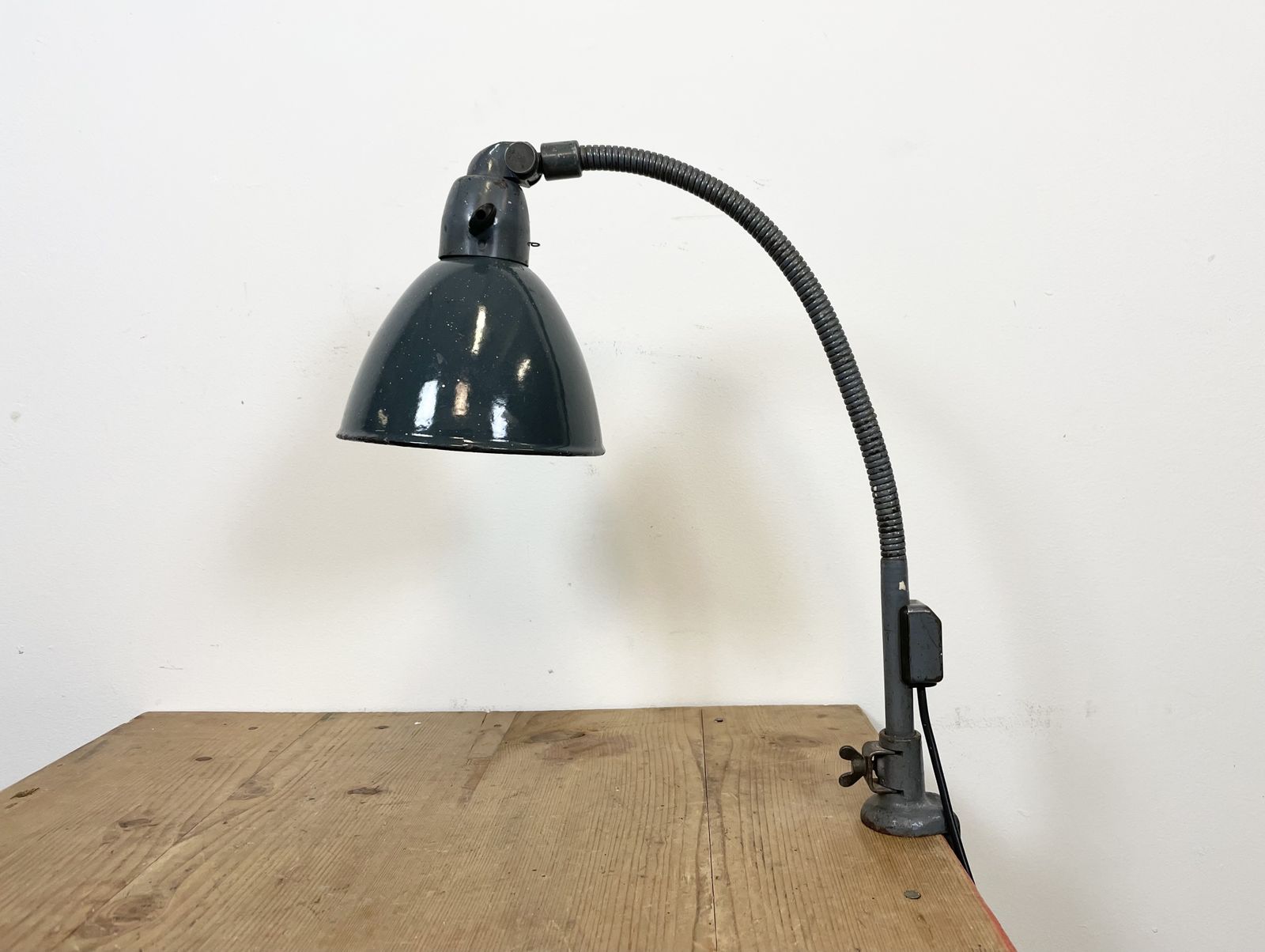 Industrial Grey Enamel Gooseneck Desk Lamp From Siemens, 1950s photo for sale