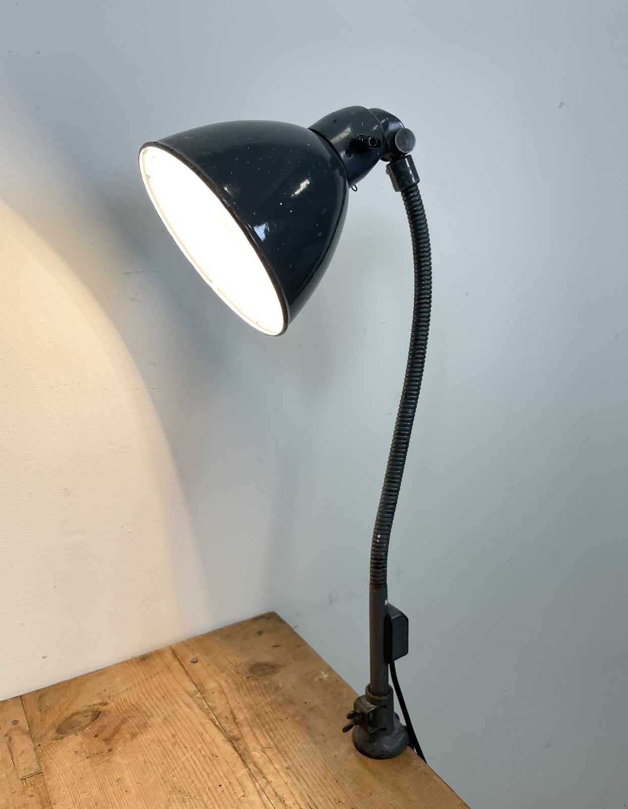 photo for sale Industrial Grey Enamel Gooseneck Desk Lamp From Siemens, 1950s