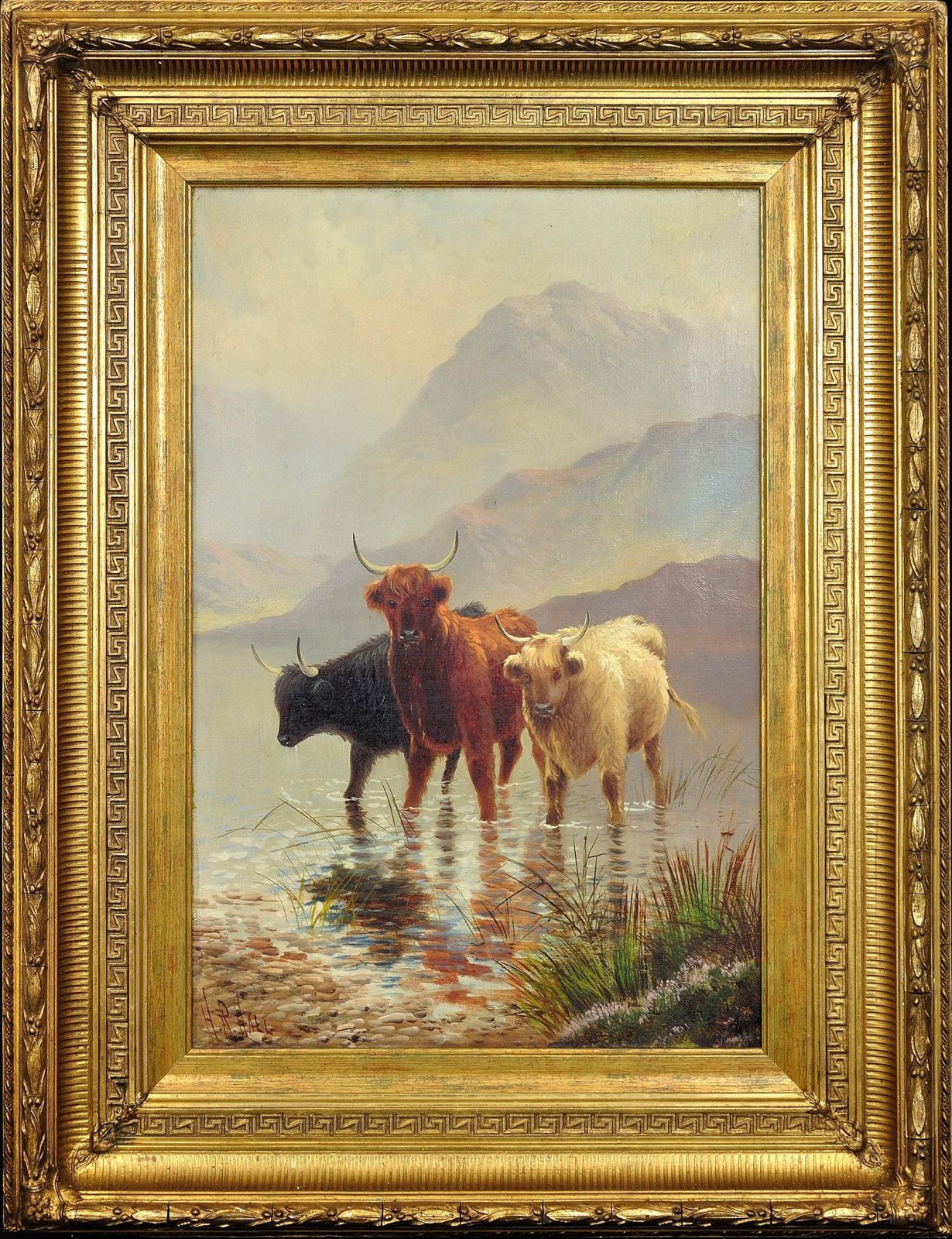Henry Robinson Hall 1857 To 1927. Highland Cattle In A Scottish Loch. Circa 1890. Framed High Victorian Scotland Oil Painting.
