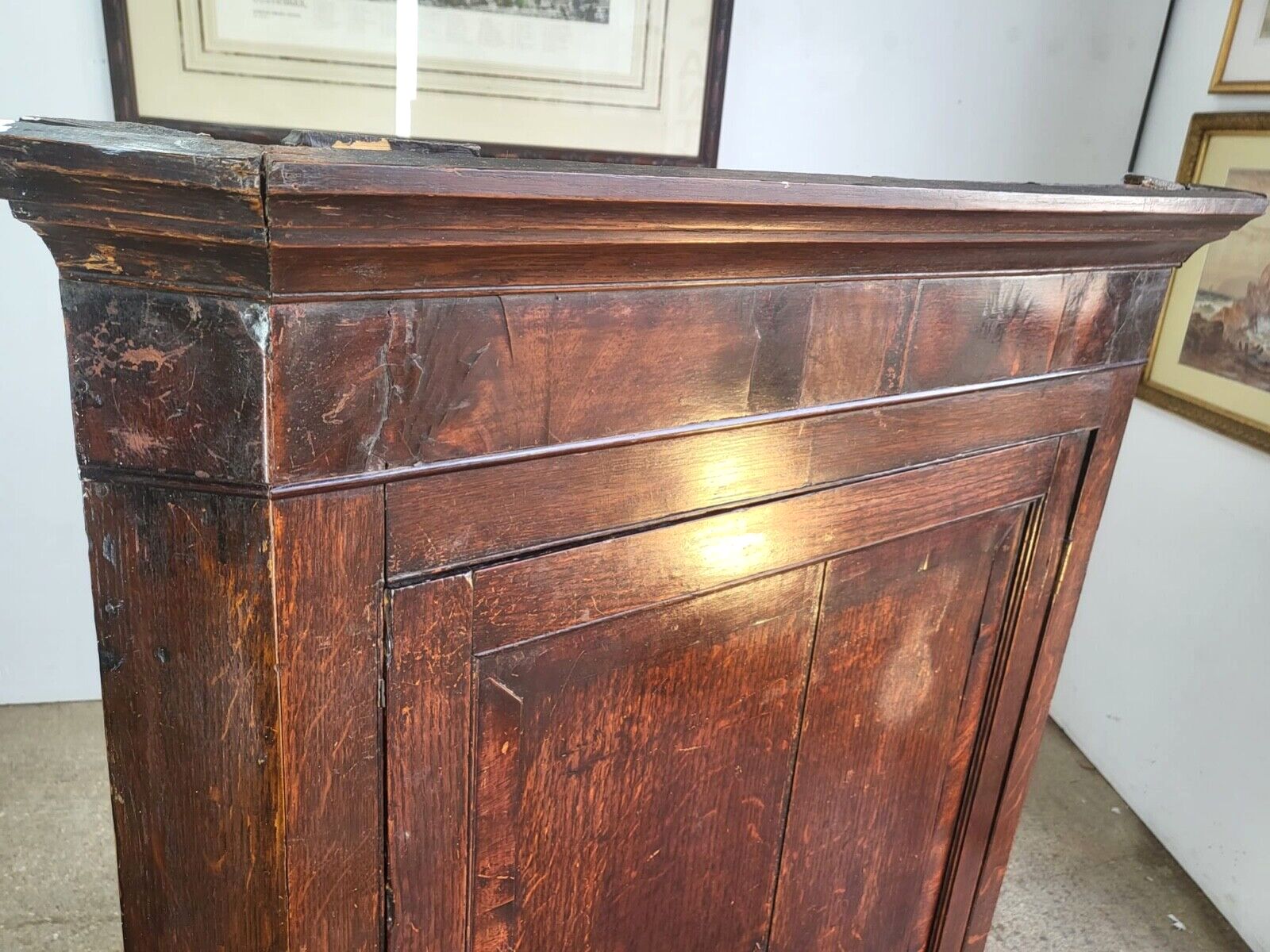 Antique Georgian Oak Large Corner Cabinet Drawer Curved Shelves Cupboard photo vintage