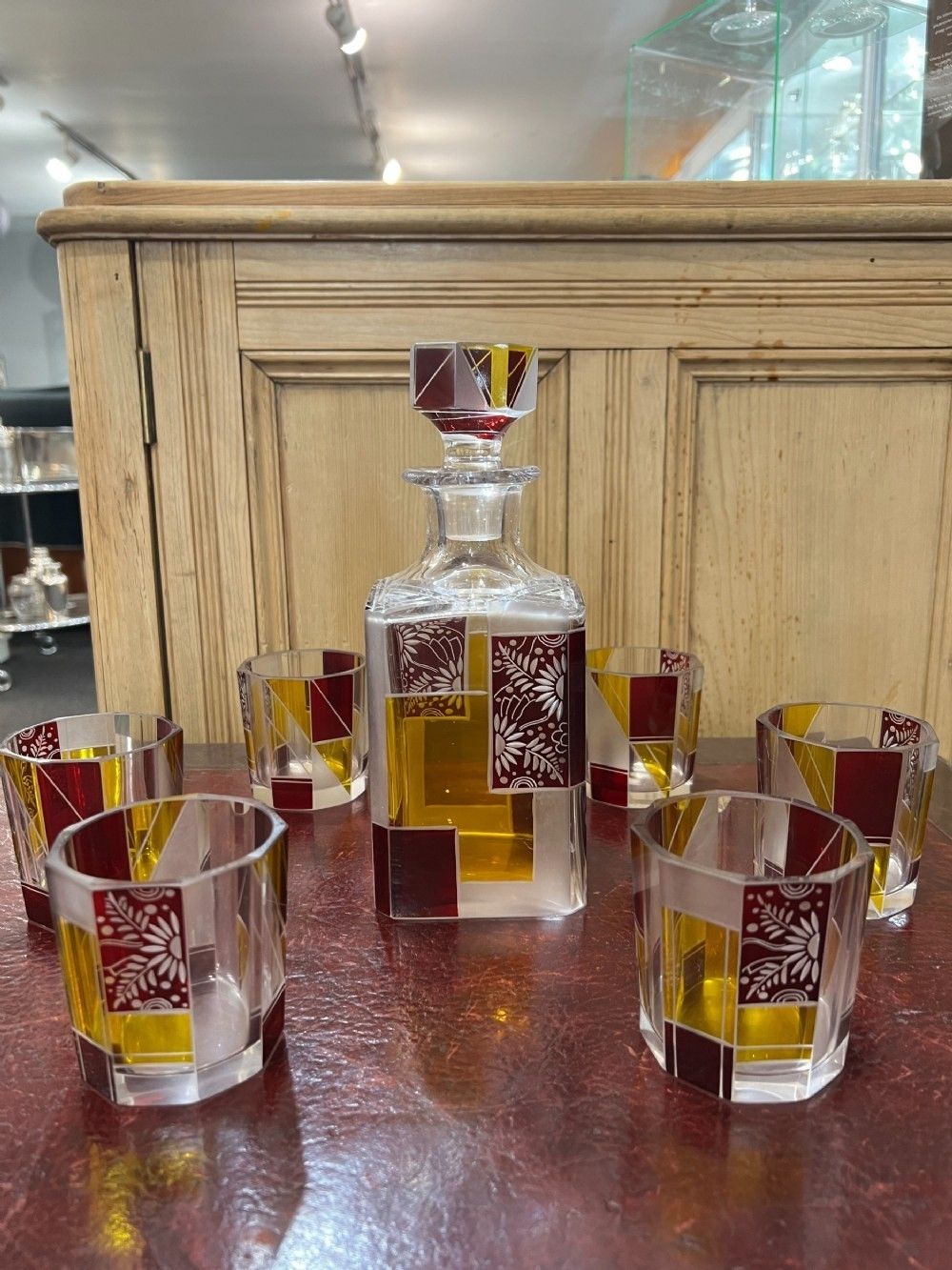 Original Karl Palda Art Deco Decanter Set, Bohemia C.1930. Hand Enamelled Lead Crystal.