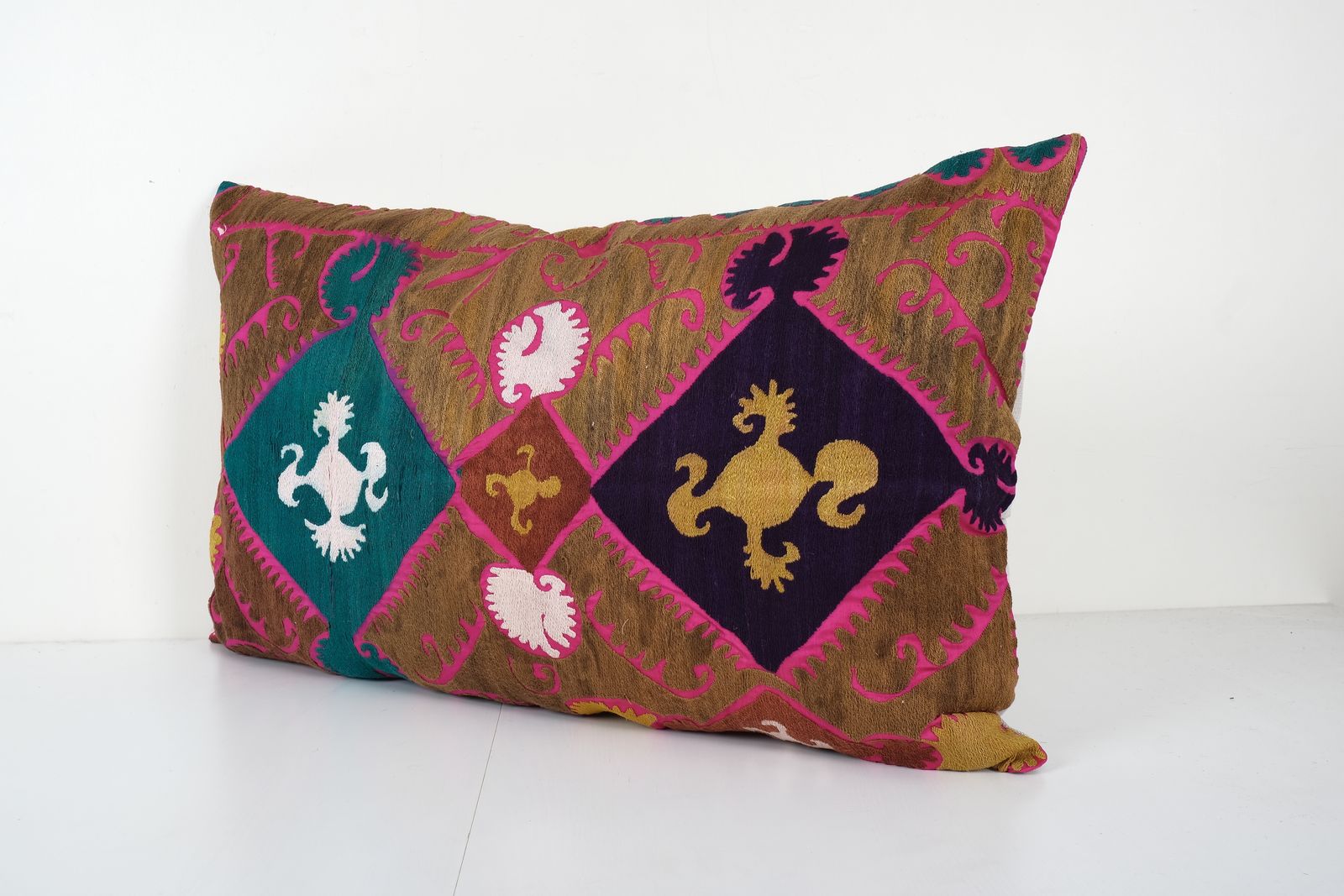 Suzani Brown Pillow Fashioned From A Mid 20th Century Samarkand Suzani, Hippie Vintage Uzbek Cushion Cover 22'' X 34'' photo for sale